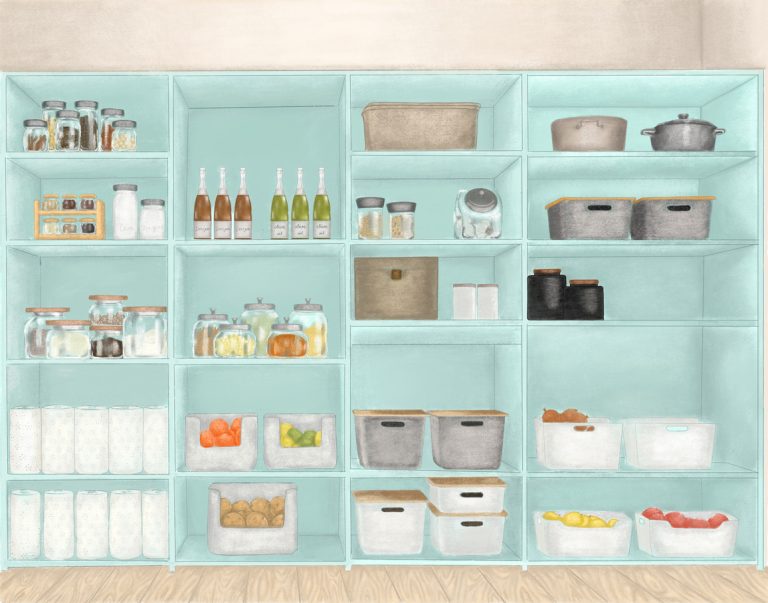 Fruits And Vegetables In Turquoise Colored _Home Edit_Amerikaans Organizen_Cabinet In Storage Room